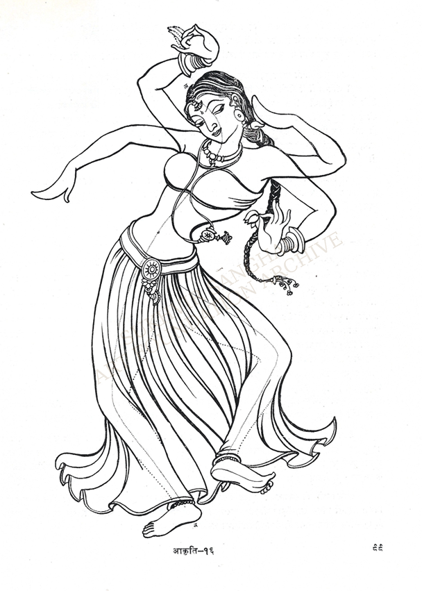 Dancing figure in atibhanga, a multi-flexed standing posture, from Sukhvir Sanghal's Bhartiya Chitrakala Paddhati.
				